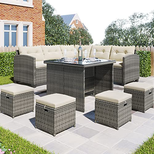 Moimhear 8 Sitze Gartenmöbel-Sets für 8-9 Personen, Terrassenmöbel-Set, 8-teiliges Polyrattan Gartenmöbel-Sets, Allwetter-Rattan-Sofa mit Esstisch und Stuhl und 4 Ottomanen (Grau+Beige)