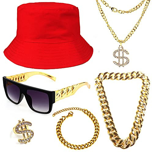 Gionforsy Hip Hop Kostüm Zubehör Set 6 Stück mit Bucket Hut Sonnenbrille | Goldkette Armband Ring, 80er 90er Jahre Rapper Accessoires Set für Mottoparty Halloween Karneval Fasching