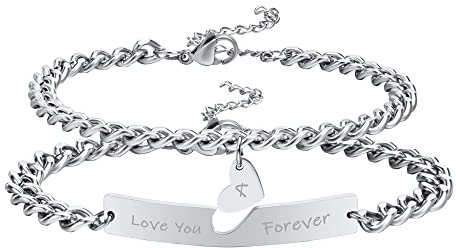 VNOX Couple Puzzle Bracelet Personalized, Pack of 2 Distance Matching Couples Jigsaw Bracelets Heart Tag Link Charm for Lover Friend Family Valentines Anniversary Birthday Gifts for Men Women