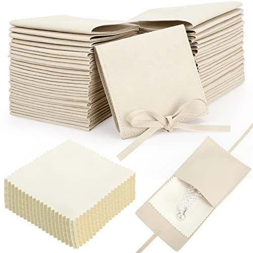 Cunno 120 Pcs Microfiber Jewelry Pouch 8 x 8cm Jewelry Packaging Bag Gift Bow Tie Bracelet with Cleaning Cloth(Beige)