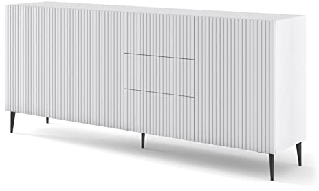 BIM Furniture Kommode Ravenna B 3D3S 200 cm mit gefräster Front Hochwertiges MDF, Sideboard, Buffet auf Schwarze Metallstiftbeinen, 3 Schränke, 3 Schubladen (Weiß Matt)