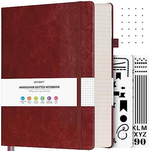 OFFIGIFT Bullet Dotted Journal, großes A4-Hardcover-Leder-Tagebuch, 312 nummerierte Seiten, dickes Tagebuch, 100 g/m², kein Ausbluten, Punktraster, Notizbuch für Damen und Herren, 21,6 x 27,9 cm,