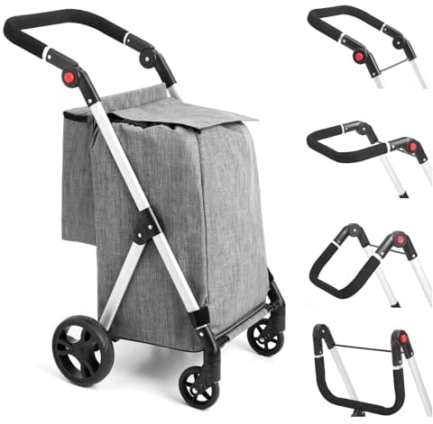 LEUYA ABC Einkaufstrolley, 46L Trolly Einkaufswagen Klappbar, 4 Rädern Aluminium Leichtgewicht Einkaufstrolley, mit Isolierter Kühltasche, Stabil und Leicht zu Verstauen Einkaufswagen (grau)