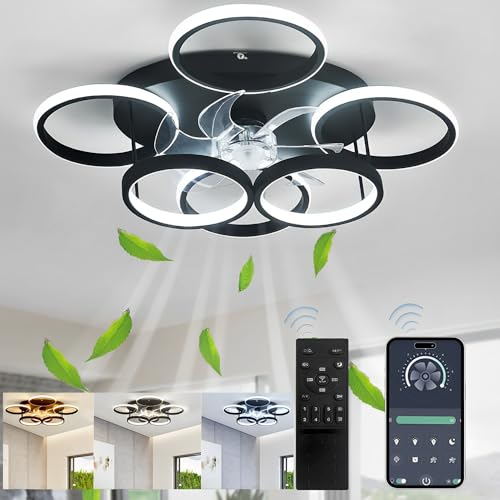 Qiaomao Deckenventilator mit Beleuchtung und Fernbedienung, Leise, APP Dimmbare Lampe mit Ventilator, 65W LED Deckenleuchte mit Ventilator, Umkehrbare 6-Gang-Einstellung, Timer(Schwarz)