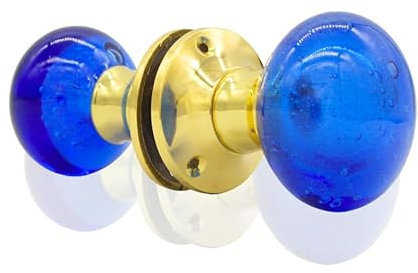 Brass Door Knob Set for Interior Doors | Internal Door Knobs | Mortice, Glass & Crystal Doorknobs | Opulence & Style with Traditional Design of Door Nobs to Enhance Any Room (Blue)