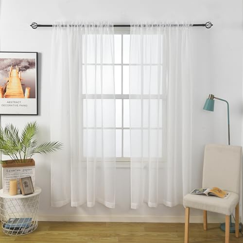 Aquazolax Voile Curtains 80 Inch Drop for Living Room - Slot Top Lightweight Net Window/Door Curtains to Stop Flies 2 Panels Set with Tiebacks, 54x80 inch/ 137x203cm, White Voile