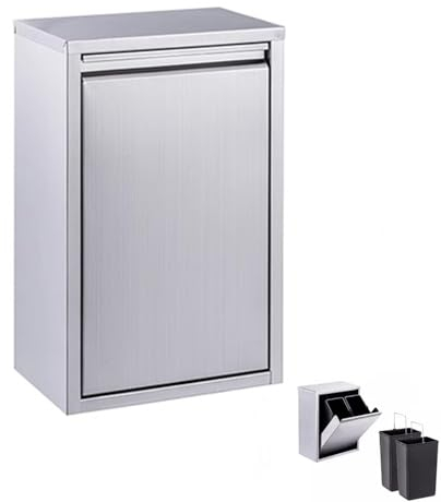 Doble Extraíble Cajón De Basura, 30L Acero Inoxidable Integrado En Papelera Exterior Cocina Papeleras, 2 Métodos De Instalación Basura Cesto De Almacenamiento Para Interior Exterior, Plata