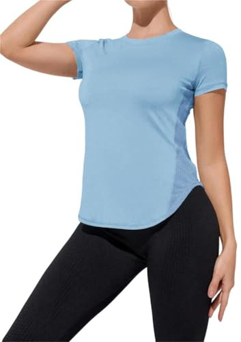 Weardear Sport T-Shirt Damen Rundhalsausschnitt Workout Tops Kurzarm Atmungsaktive Mesh Seiten Laufen Yoga Top S-XXL