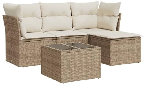 vidaXL 5-TLG. Garten-Sofagarnitur mit Kissen Beige Poly Rattan