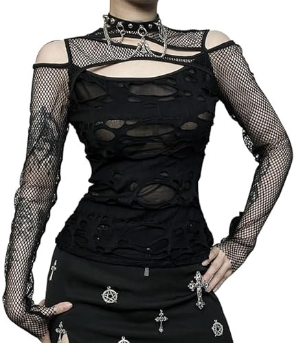 Maeau - Black Punk Top Women Gothic Tank Top Long Sleeve Y2K Crop Top Mesh Blouse Black T-Shirt Casual Slim Vest Summer Camisole Patchwork Tops for Party Club