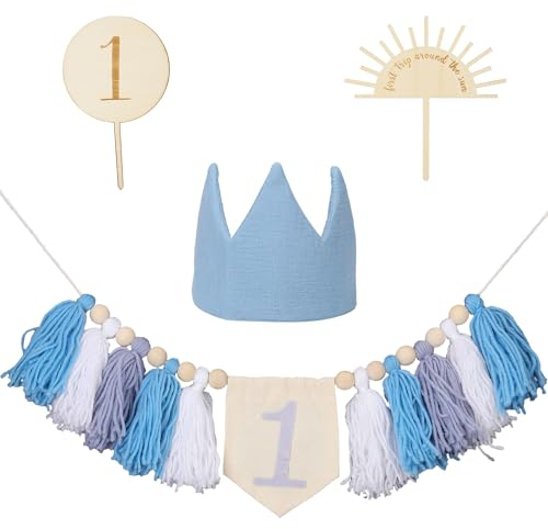Hochstuhl Banner für Ersten Geburtstag - Dekorationen mit Krone Hut und Kuchendekoration für Jungen und Mädchen (Blau)