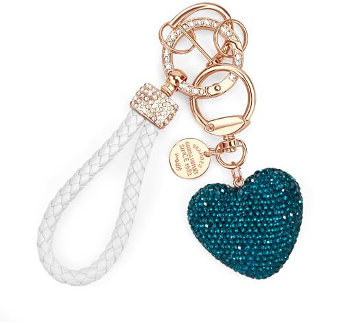 Heveer Herz Schlüsselanhänger Glitzer Schlüsselanhänger mit Strasssteine Leder Schlüsselanhänger für Damen Auto Schlüssel Türschlüsse Blau