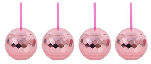 YöL Pack of 4 Pink Disco Ball Tumbler Cup Straw Reflective Shiny Summer Party Picnic BBQ