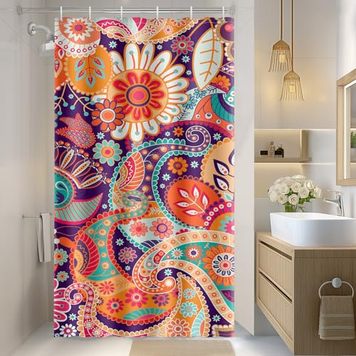 Aimego Stall kleiner Duschvorhang: Boho-Paisley-Blumen-Mandala, indische böhmische bunte Blumen, schmal, halber Stoff, Duschvorhang-Set mit 12 Haken, Badezimmer-Dekor, Badvorhang, 91,4 x 182,9 cm