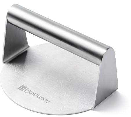 Husfunov Stainless Steel Burger Press, 5.5 Inch Round Smasher,Non-Stick Smooth Hamburger Press,Flat Bottom Without Ridges, for Cooking Burgers, Bacon, Ground Beef, Meats, Sausage and So On