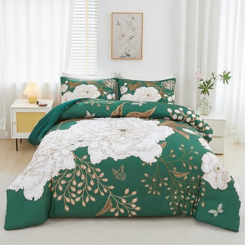 STYHO 3-Piece King Size Duvet Cover Sets Green Flower Bedding Set with Leaves Butterfly Pattern Soft Microfiber Large Floral Botanical Duvet Set for All Seasons(Green, King)
