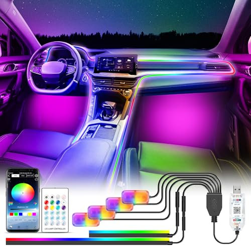 Wilktop LED Innenbeleuchtung Auto USB, Regenbogen RGBic 210 Blinkende Modi，Auto Led Innenbeleuchtung 2 in 1 für Mittelkonsole und 4 Fußraumbeleuchtung, App, Taste und Fernbedienung