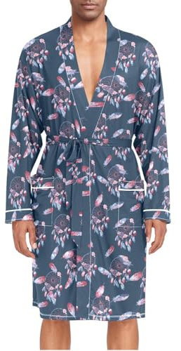 ZZXXB Dreamcatcher Feder-Herren-Nachtwäsche, leicht, langärmelig, Spa-Bademantel mit Taschen, M-XL, blau, M