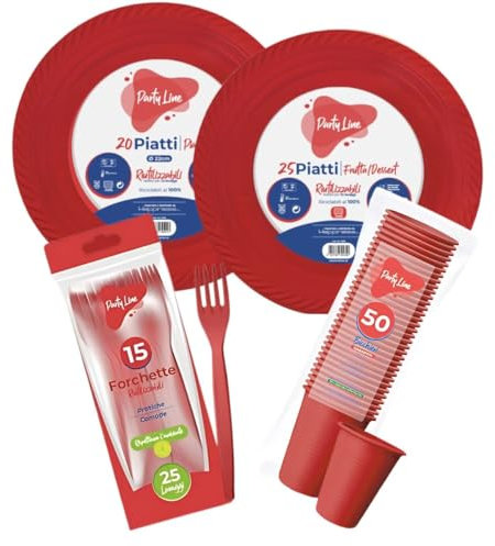 marketcaffe Kit Party Rosso 250 Pezzi – Set Completo per Feste e Eventi, Piatti, Bicchieri e Forchette in Polipropilene Eleganti e Resistenti