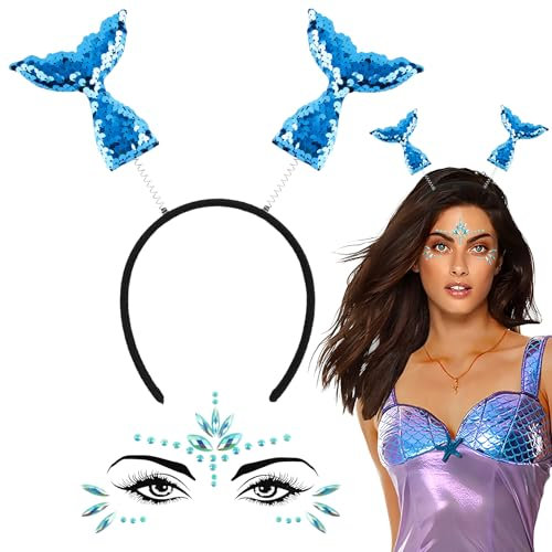BOOMTOP Haarreif Meerjungfrau mit Flossen Pailletten Haarreif Karneval Fasching Meerjungfrauen Kostüm Glitzer Haarschmuck Schwanzflosse Damen mit Edelsteine Aufkleber Geischt Glitzersteine Blau
