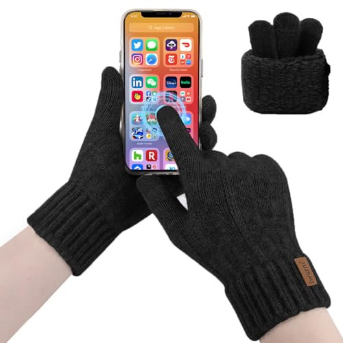2XK-NOV 1 Paar Touchscreen strickhandschuhe,Winterhandschuhe mit Fleecefutter (Handflächenumfang 16-22 cm),wollhandschuhe,fäustlinge handschuhe für Damen,herren,Outdoor (schwarz, Einheitsgröße)