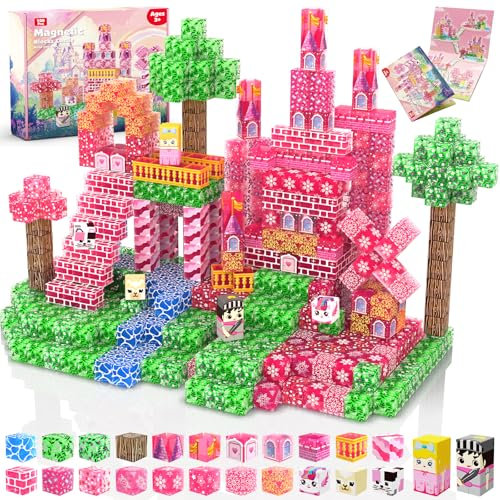 Magnetopia Magnetic Building Blocks, 100PCS Translucent Magnetic Blocks Princess Cubes Tiles Stacking Pink Castle, STEM Sensory Toys Gifts for Kids Girls Ages 3 4 5 6 7 8 9 10 Birthday