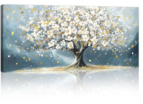 Großes Leinwandbilder Wandbilder Mit Rahmen, Beige Blühend Blumen Bäume bild auf leinwand Wandkunst Natur Weiß Gold Blumen Blau Kunstdruck Deko für Wohnzimmer Schlafzimmer für zum Aufhängen 120x50cm
