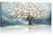 Großes Leinwandbilder Wandbilder Mit Rahmen, Beige Blühend Blumen Bäume bild auf leinwand Wandkunst Natur Weiß Gold Blumen Blau Kunstdruck Deko für Wohnzimmer Schlafzimmer für zum Aufhängen 120x50cm