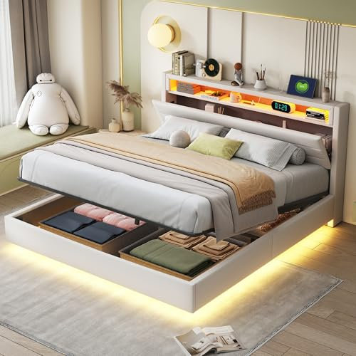 Merax Lit Coffre 160x200 cm, Lit avec éclairage LED et Prise USB, avec Rangement, Tissu en Lin, Beige (sans Matelas)