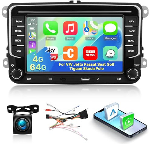 [4G+64G] Android Radio de Coche para VW Volkswagen Jetta Passat Seat Golf Tiguan Skoda Polo con Wireless Carplay & Android Auto, Pantalla Táctil con GPS, WiFi, Radio FM/RDS, Bluetooth 5.0, 32EQ