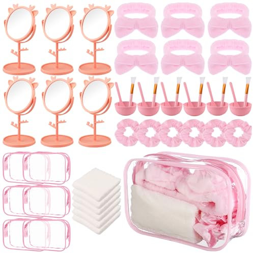 Lot de 48 accessoires de fête pour soirée pyjama pour filles, bandeau et bracelet, 6 masques faciaux, 6 miroirs, 6 chouchous 6 sacs à cosmétiques, 6 chiffons de toilette pour le visage