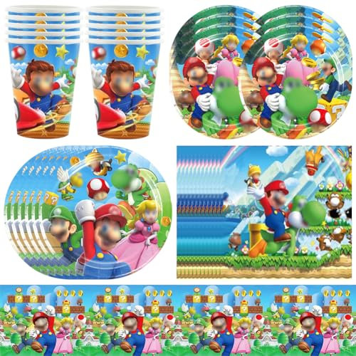 LKNBIF Cartoon Vaisselle Anniversaire, Decoration Anniversaire 51 Pièces Vaisselle, Vaisselle Fête Set, Fête D'anniversaire Decoration Pour Garçon Filles - Avec Assiettes, Nappe, Serviettes, Tasses