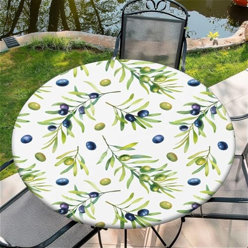 Outdoor Runde Tischdecke mit Gummizug Ø 36(90cm) - Elastisch Garten tischdecke mit Olive Muster Passend für 75-85cm breite Tische