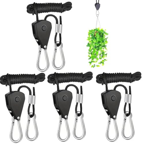 ZHAOYCSH 4 Stück Seil Ratsche mit Haken, 2 m Länge, einstellbar & hochbelastbar (68kg) – Schwarze Nylon-Ratsche Seil für Aufhänger, Abspannseil mit Seilspanner, Rope Ratchet