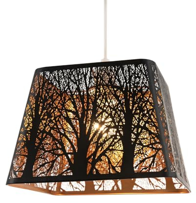 Modern Unique Matte Black Tree Forest Themed Pendant Lighting Shade with Satin Gold Inner | 26cm x 20cm x 19cm by Happy Homewares