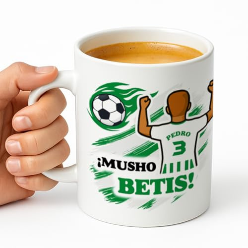 Taza personalizada con nombre y dorsal para aficionados al fútbol, regalo original para niños y adultos, personalización para chica o chico, 350 ml (Betis, Chico)