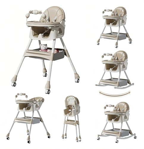 Veitoalioy Seggiolone per Bambini Sedia da Pranzo per Multifunzionale con Doppi Vassoi Staccabili e Ruote Pappa con modalità oscillazione e Schienale Regolabile a 3 velocità (560 Khaki)