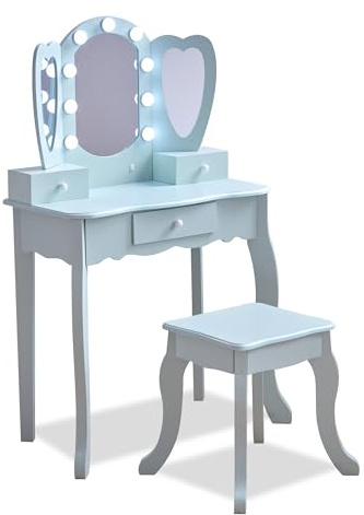 Teamson Kids Heart-Shaped Vanity in Light Blue with LED Lights, Triple Mirror, Stool & Storage Drawers, Boosts Imagination, Confidence & Organization | LED Lights, Triple Mirror, Stool & Storage Drawers, Boosts Imagination, Confidence & Organisation