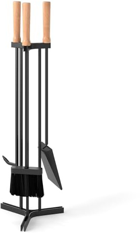 COSTWAY Juego de 4 Herramientas para Chimenea, Kit de Metal Resistente con Atizador, Pala, Cepillo y Base de Soporte, Utensilios para Leña de Interior Exterior con Asa de Madera para Estufa Hogar