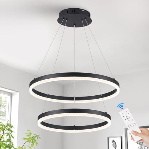 CATINER Moderner LED Rund Hängeleuchte Schwarz 2-Ring Pendelleuchten Dimmbar mit Fernbedienung Hängelampe LED Kronleuchter für Esstisch Wohnzimmer Schlafzimmer Küche,40+50cm