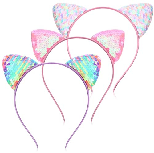 LXUEJIE Lot de 3 serre-têtes avec oreilles de chat à paillettes - Bandeau à paillettes - Pour anniversaire, fête, cosplay