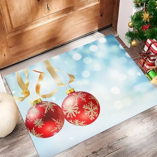 JEDTAKCT Weihnachtsbänder Pompons Teppich Wohnzimmer Schlafzimmer Einfache Illustration Waschbare Fußmatte Innen Himmelblau Kurzflor rutschfest Dünne Fussmatte Schmutzfangmatte Für Küche 60X90Cm