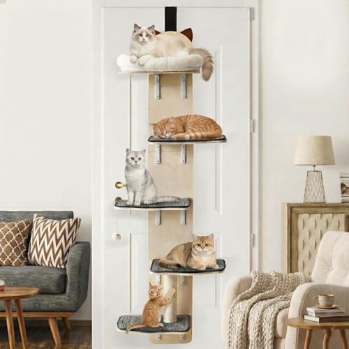 5-Levels Door Hanging Cat Climber, Vertical Door-Mounted Cat Tree Tower with Full Carpeted Plank & Cat Scratching Post for Small Medium Large Cats (5-Levels, Cat Head Style)