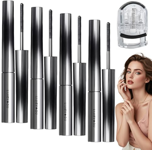 4 Stück Pure Curl Mascara Mit Wimpernzange, 3D Curling Waterproof Ironeye Mascara, Wimperntusche Mit Metallbürste-Natürlich Verlängernd Langanhaltend und Wischfest (Schwarz)