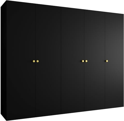 MEBLE KRYSPOL - Kleiderschrank - Garderobenschrank - 250 cm x 202 x 52 cm - Schrank mit Kleiderstange, 5 Türen - für Schlafzimmer, Flur - Parma, Schwarz, Griff Gold