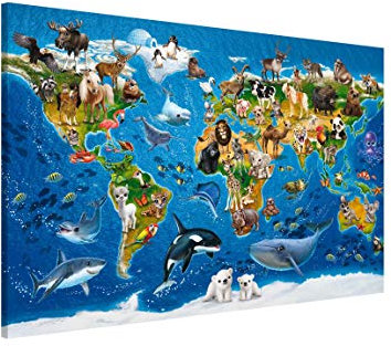 Magnettafel Kinderzimmer - Weltkarte mit Tieren - Memoboard Querformat 2:3, HxB: 40 x 60cm