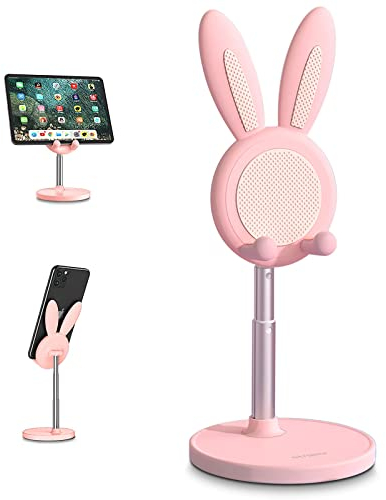 nediea Cell Phone Stand, Angle Height Adjustable Bunny Phone Stands for Desk, Cute Rabbit Phone Holder Stand for Desk, Compatible with All Mobile Phones(4-10in) (Pink)
