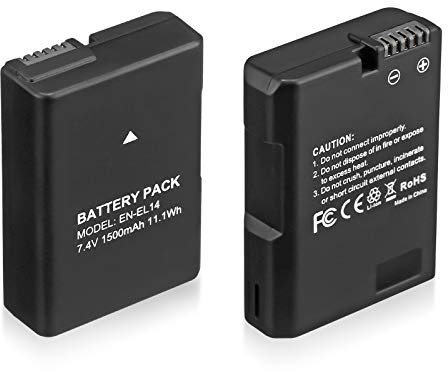 EN-EL14 EN EL14A Battery 2-Pack 1500mAh Li-ion Batteries Compatible with Nikon D3100 D3200 D3300 D3400 D3500 D5100 D5200 D5300 D5500 D5600 DF Coolpix P7000 P7100 P7700 P7800