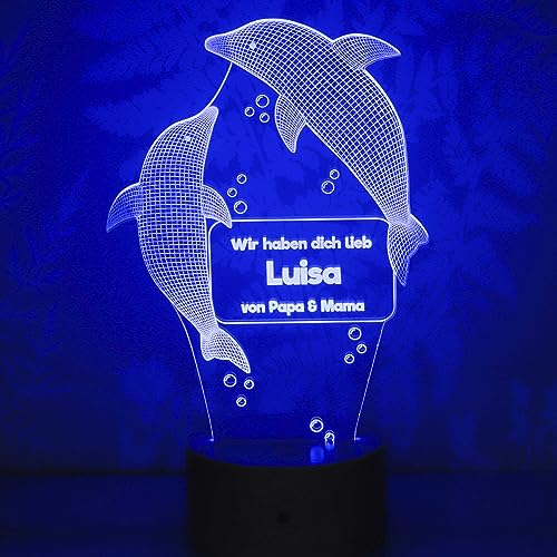 LAUBLUST 3D LED Nachtlicht Kinder - Personalisiert, Farbwechselnd, Holz Sockel - Geschenk für Kinder | Delfine Motiv