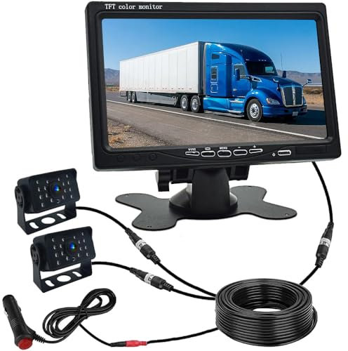 YUZEU Kit de système de caméra de recul Filaire, Moniteur de recul HD 7' + 2 caméras de recul Vision Nocturne étanche IP68, caméra de recul et kit de Moniteur pour Camion/remorque/Fourgon/Bus
